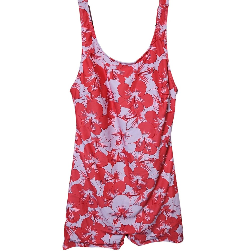Womens Red Pink Hibiscus Floral Swim Romper One Piece Swimsuit Cut Out Back 0639